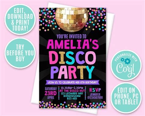 Disco Party Invitation Personalised Printable Digital File Etsy Uk