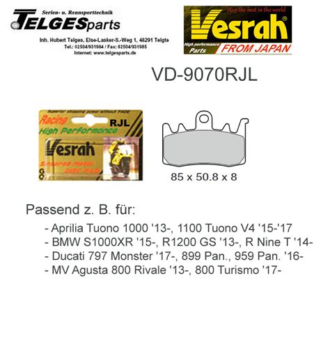 Vesrah Racing Bremsbel Ge Rjl Vd Rjl Telgesparts De Brembo