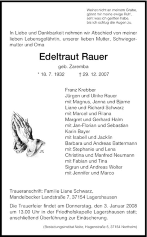 Traueranzeigen Von Edeltraut Rauer Trauer HNA De