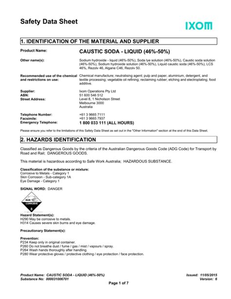 Caustic Soda Material Safety Data Sheet PDF Sodium 54 OFF