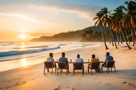 Un Grupo De Personas Se Sienta En Una Mesa En Una Playa Con Palmeras