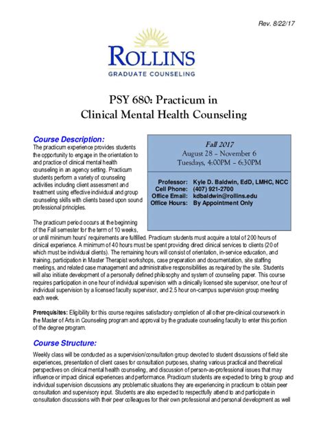 Fillable Online Rpublic Rollins Psy Practicum In Clinical Mental