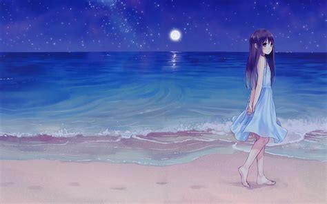 V W Night Beach Walking Girl Anime Art Beautiful