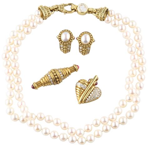 Judith Ripka 18k Gold Diamond Pearl Jewellery Set Necklace Earrings