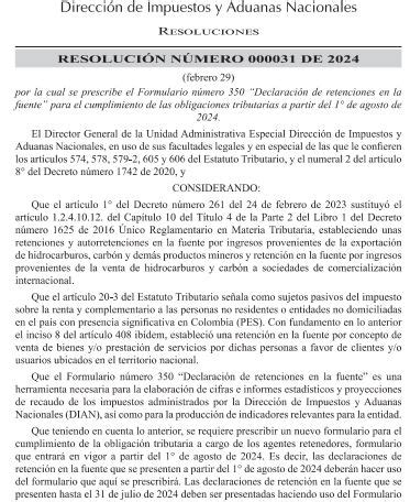 Resolución No 0031 por el cual se prescribe formulario 350 Declaración