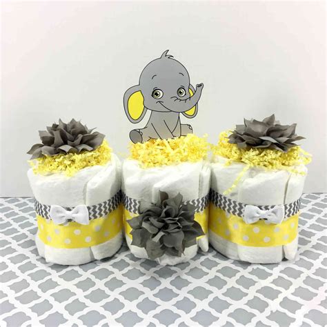 Yellow And Gray Baby Elephant Diaper Cake Centerpiece Single Sided