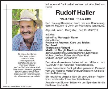 Traueranzeigen Von Rudolf Haller Trauer Bz