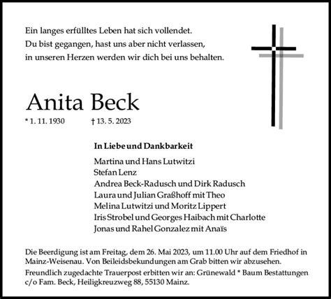 Traueranzeigen Von Anita Beck Vrm Trauer De