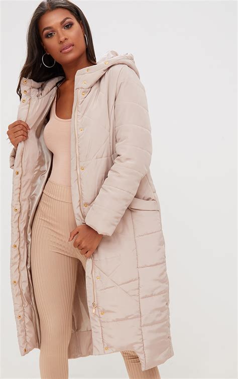 Basic Beige Hooded Longline Puffer Jacket Coats Jackets