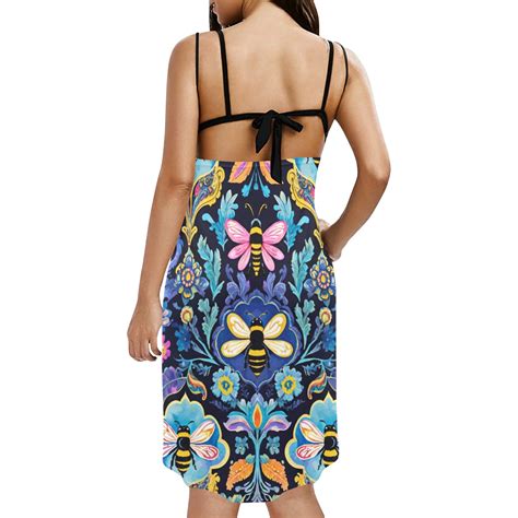 Buzzing Bumblebee Garden Floral Pattern Spaghetti Strap Backless Beach Cover Up Dress Model D65