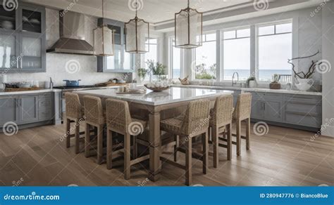 Interior Deisgn Of Kitchen In Coastal Style With Ocean View Stock