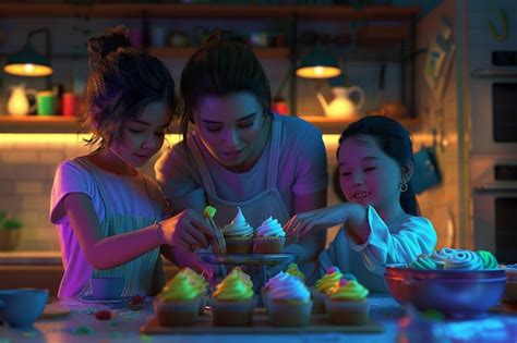 Premium Photo | Mother and children baking cupcakes together