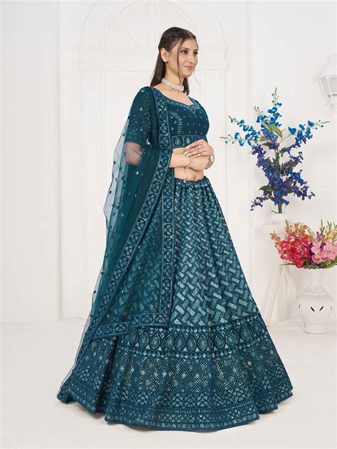 Turquoise Thread Embroidered Georgette Semi Stitched Party Wear Lehenga