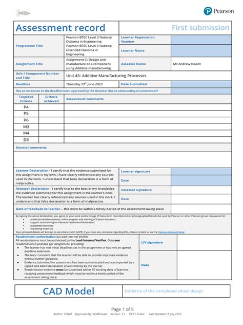 Btec Unit 45 Assessment C First Submission Record Pdf