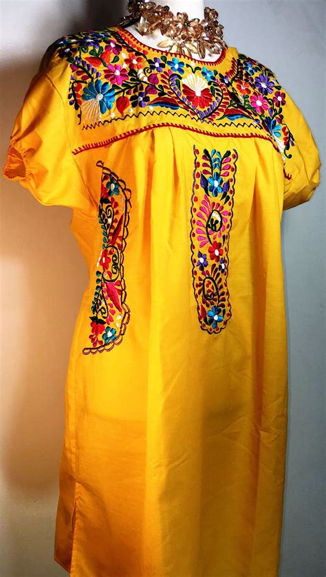 Short Dress Embroidered Yellow Mexican Fiesta Floral Peasant 5 De Mayo