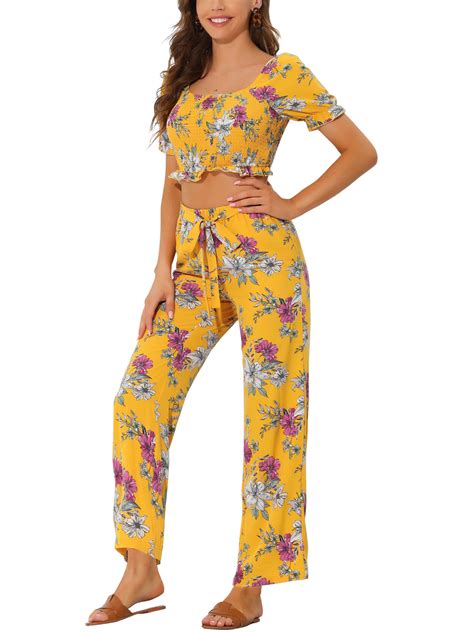 Allegra K Womens Floral Square Neck Crop Blouse And Tie Waist Wide Leg Pants Set