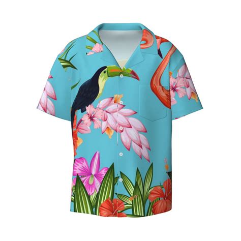 Gaeub Tropical Jungle Flamingo Men S Lapel Short Sleeve Shirt Relaxed Fit Shirt Soft And