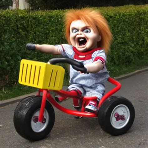 Cute Screaming Chucky Doll Riding A Tricycle Stable Diffusion