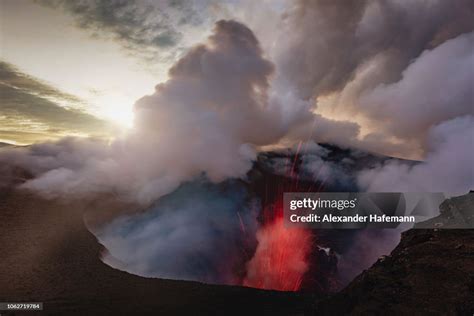 Sunset Erupting Mount Yasur Volcano Tanna Island Vanuatu High Res Stock