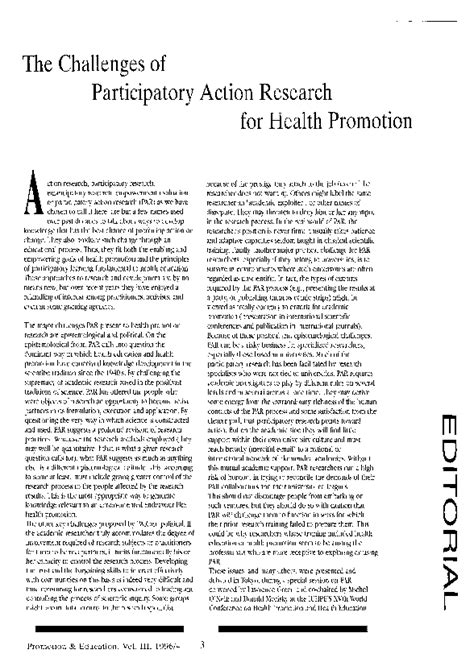 Pdf The Challenges Of Participatory Action Research For Health Promotion