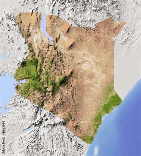 Kenya Shaded Relief Map Colored For Vegetation Stock Illustration