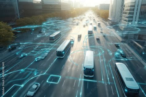 Overhead View Of Roads In A Futuristic City With Autonomous Vehicles