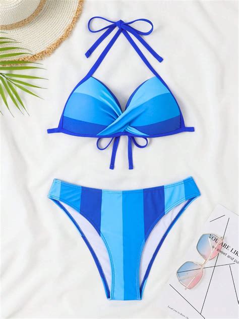 Striped Twist Push Up Bikini Swimsuit Shein Usa