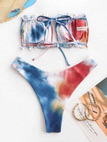 Zaful Tie Dye Bandeau Frilled High Cut Bikini Swimwear In Blue Zaful