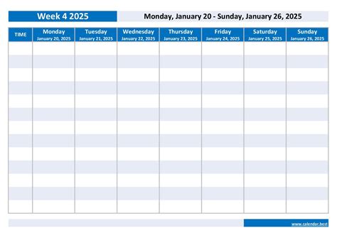 Week 4 2025 : dates, calendar and weekly schedule to print