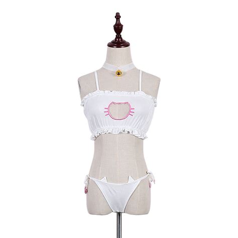 Cosplay Neko Cat Keyhole Bra Briefs Bell Choker Collar Set Lingerie