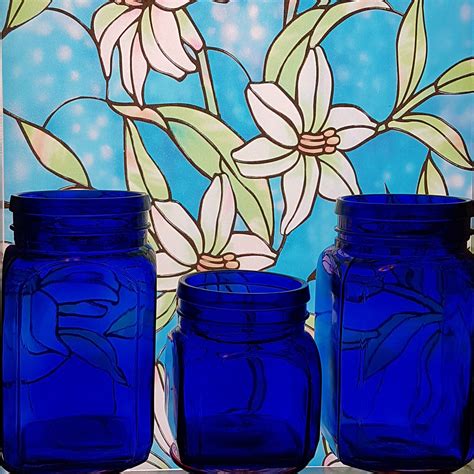 Set Of Cobalt Blue Glass Canister Jars With Wood Lids Vintage