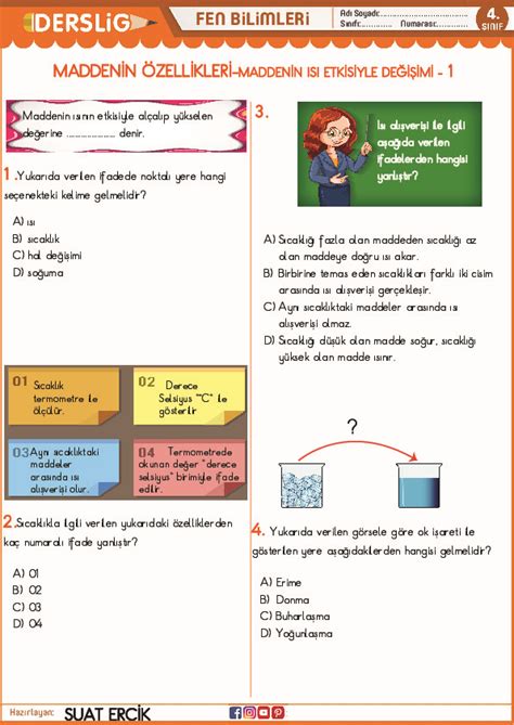 4 Sınıf Fen Bilimleri Maddenin Isı ile Etkileşimi 1 Yaprak Test Derslig