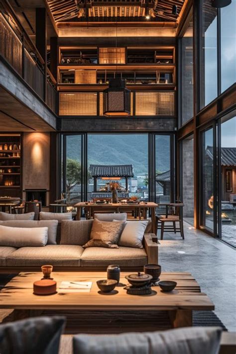 Rustic Chinese-Style House Interior with a View of a Mountain Village