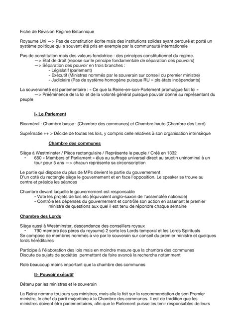 Cours royaume uni Fiche de Révision Régime Britannique Royaume Uni