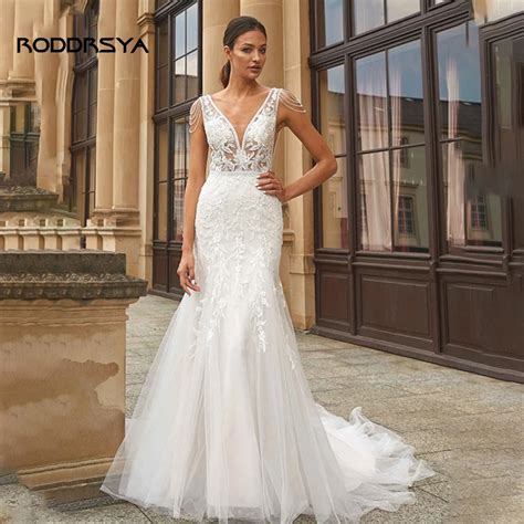 RODDRSYA Mermaid Wedding Dresses Vestidos De Novia V Neck Beading Lace