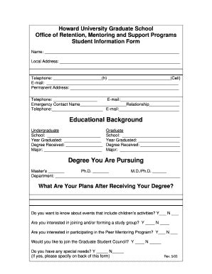 Fillable Online Gs Howard Orientation Personal Information Form Revised