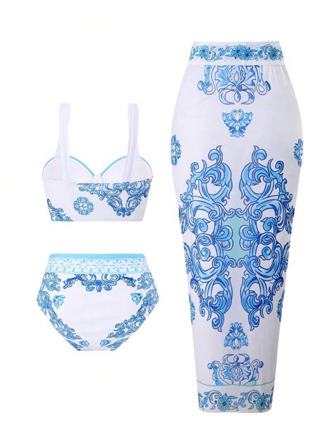 SHEIN Swim Curve Plus Size Floral Print Bikini With Underwire Bra Cover Up Skirt Summer