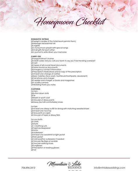 Honeymoon Checklist - Mountain & Lake Weddings