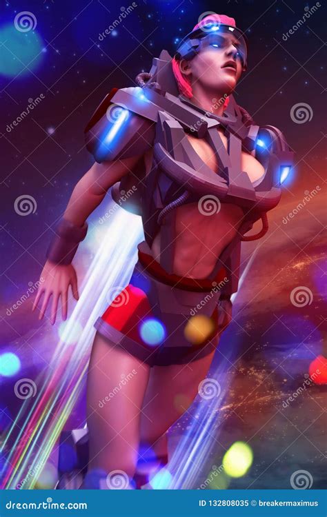 Futurisctic Sci-fi Superhero Woman in Costume Flying Stock Illustration ...