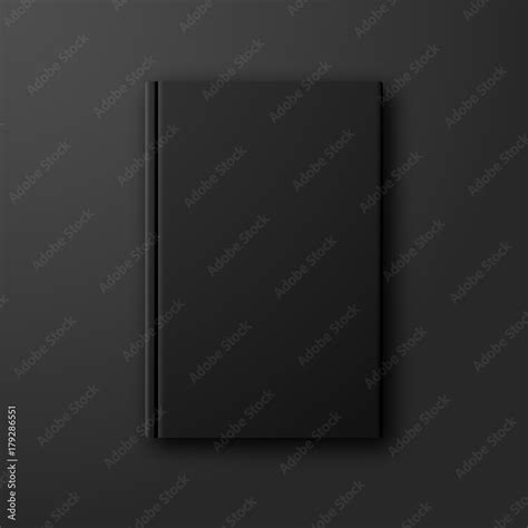 Stylish black book vector mock up on dark black background. Blank black book cover front page ...