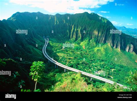 Koolau Mountains And H3 Highway Oahu Hawaii Usa Stock Photo 1249641