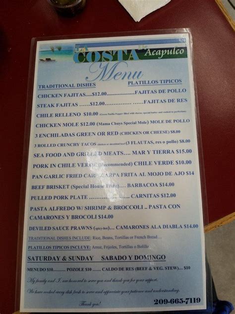 Menu At La Costa De Acapulco Restaurant Lathrop