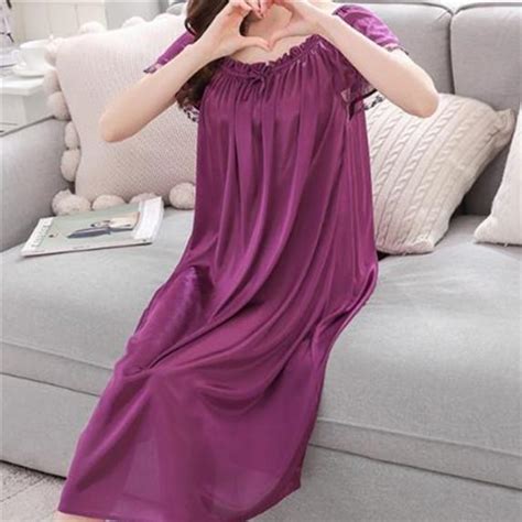 Buy Womens Summer Lace Ice Silk Nightdress Short Sleeve Loose Plus Size