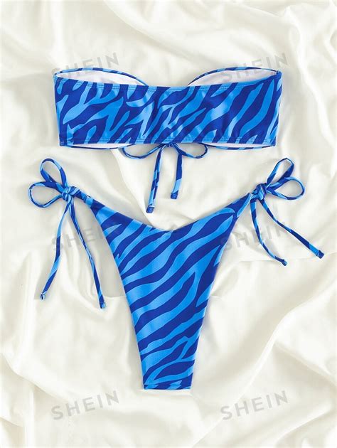 SHEIN Swim Summer Beach Zebra Stripe Bikini Set Cut Out Bandeau Bra