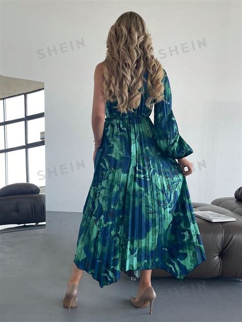 Shein Privé Tropical Print One Shoulder Lantern Sleeve Hanky Hem Dress