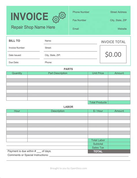 Free Printable Auto Repair Invoice Template Free Printable Templates