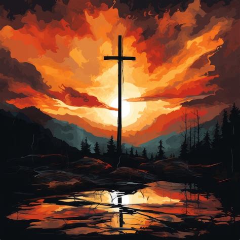 Premium Photo | A painting of a cross in front of a sunset