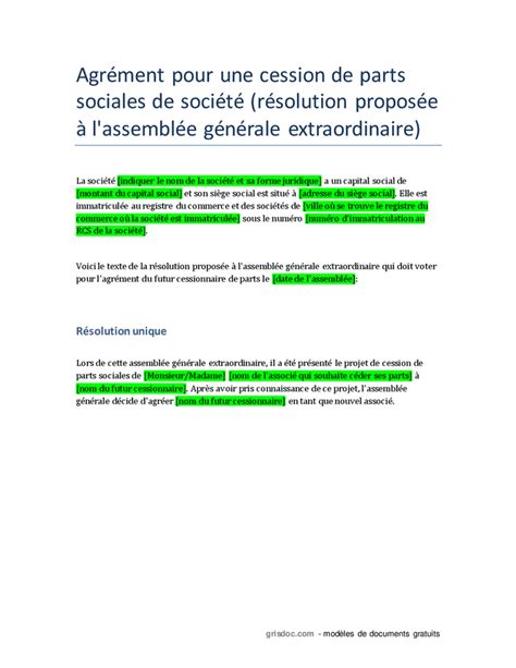 Agr Ment Pour Une Cession De Parts Sociales De Soci T Doc Pdf