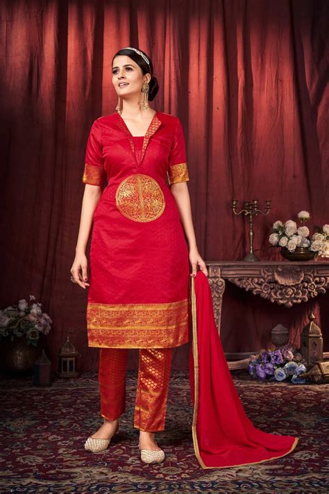 Woven Art Silk Pakistani Suit In Red Ucchal Fashion