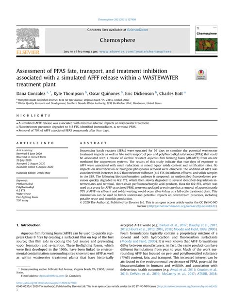 Pdf Assessment Of Pfas Fate Transport And Treatment Inhibition